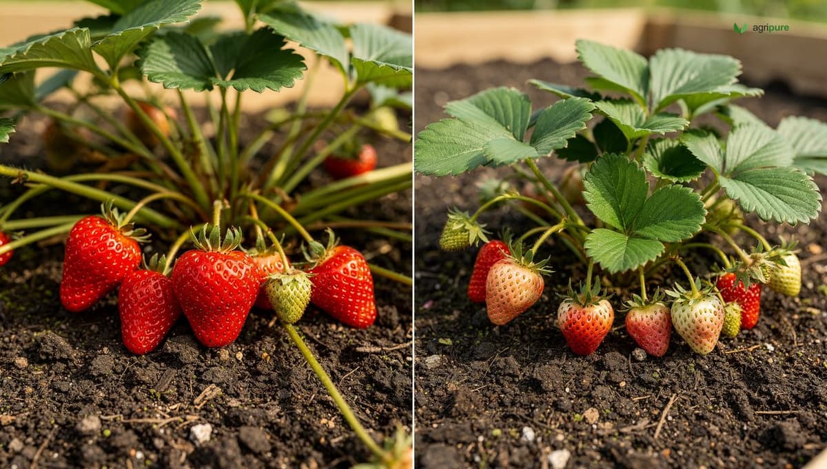 Side-by-side comparison of June-bearing and day-neutral strawberry plants, showing the size difference in fruit and the runner density around each plant