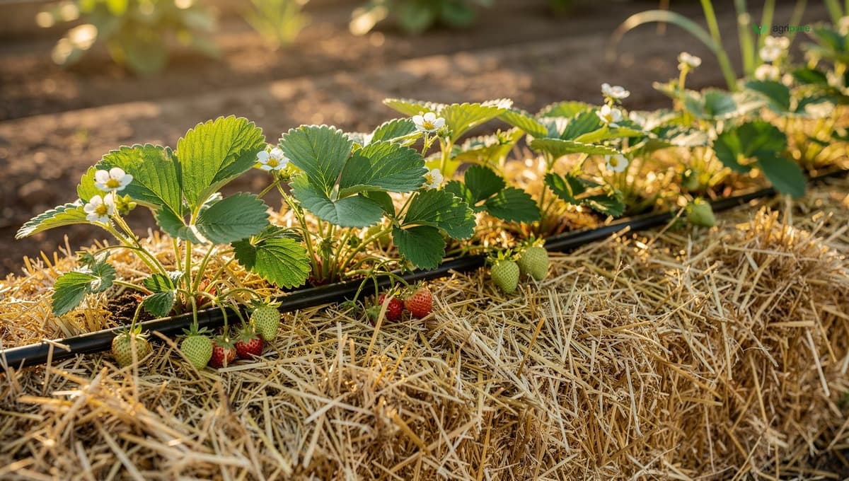 A drip irrigation line running along a row of strawberry plants mulched with straw, with small green berries forming on the plants