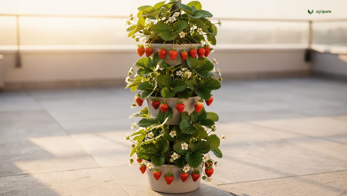 A vertical tower planter filled with day-neutral strawberry plants on a sunny patio, with ripe and ripening berries visible at multiple levels