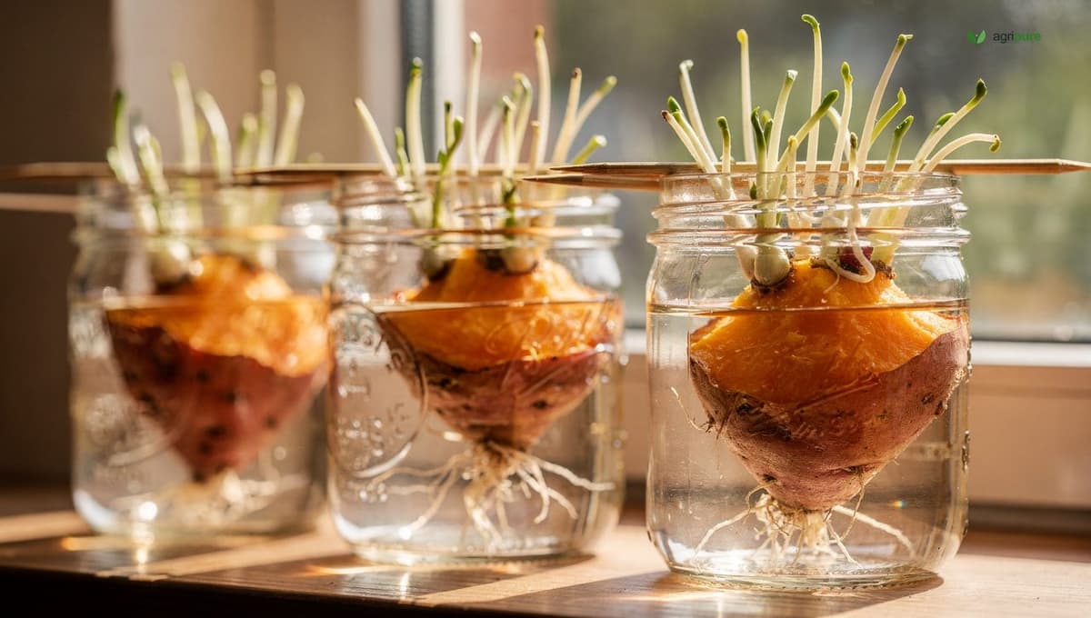 Sweet potato halves suspended in glass jars of water with toothpicks, showing bright green shoots emerging from the cut surface