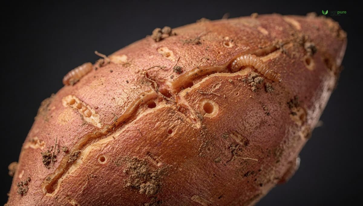 Close-up of sweet potato wireworm damage showing small pinholes and tunnels in the surface of a harvested root