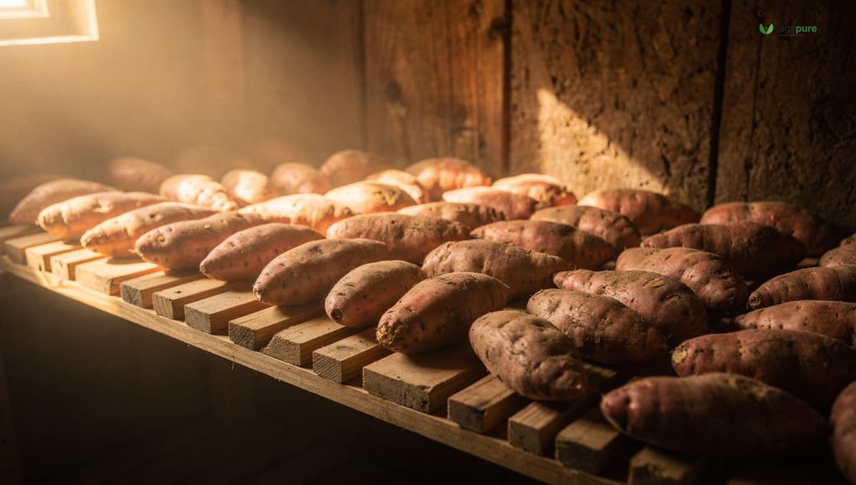Sweet potatoes arranged in a single layer on wooden shelving inside a warm room, curing with gentle ventilation