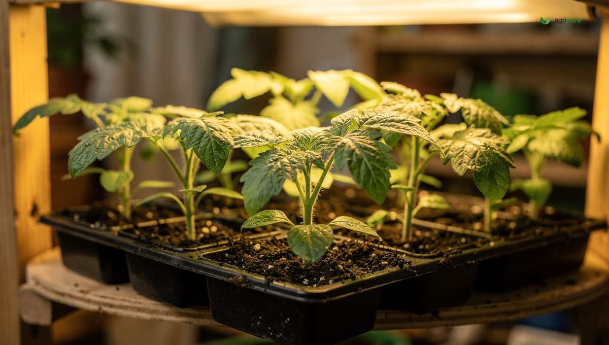 Tomato seedlings in small nursery cells under grow lights, 4–5 weeks old, stocky with two sets of true leaves