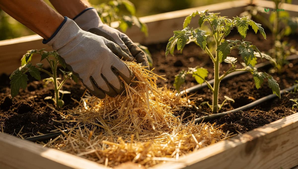 A gardener's hand applying mulch around the base of a young tomato plant in a raised bed, with a soaker hose visible beneath