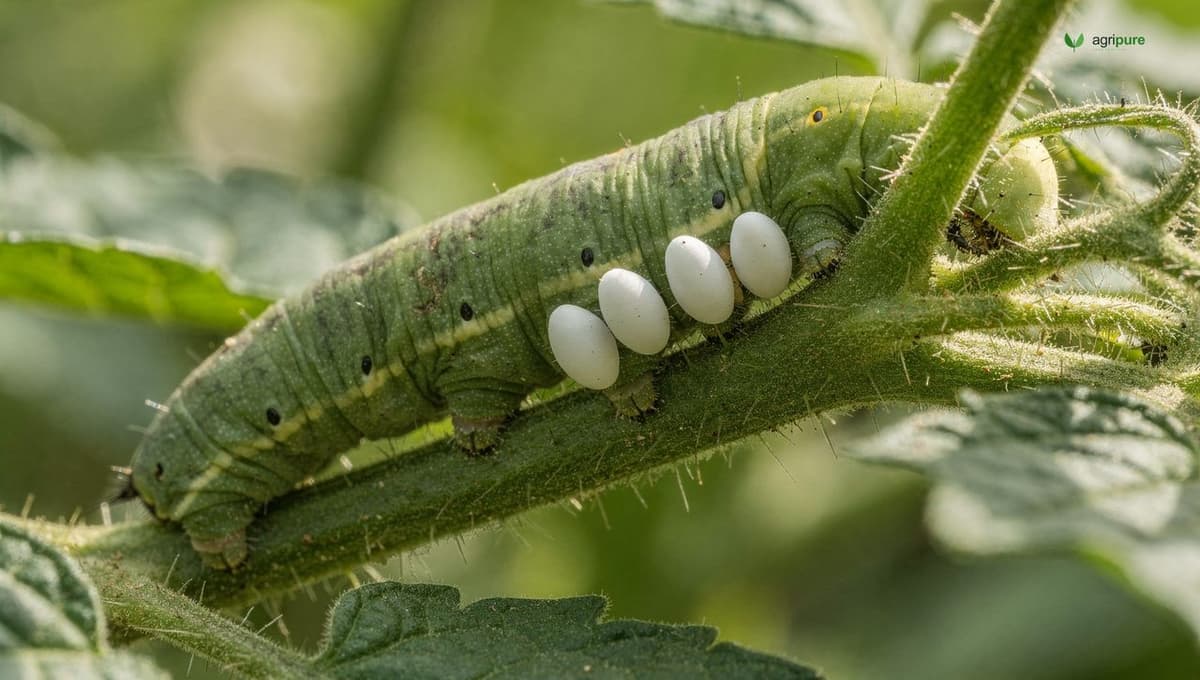 Close-up of tomato hornworm on a tomato stem with a few white parasitic wasp egg sacs on its back, in a backyard garden