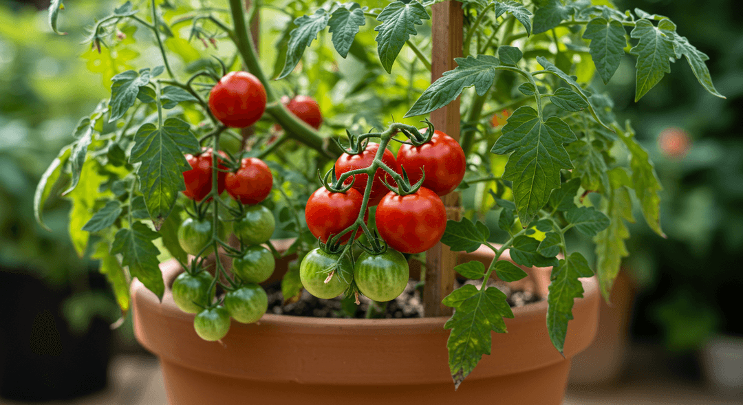A close-up photograph of a robust tomato plant overflowing with ripe red heirloom tomatoes and many still-green tomatoes, supported by wooden stakes in a terracotta pot. The leaves are a vibrant green, and warm sunlight illuminates the scene, suggesting a successful harvest.