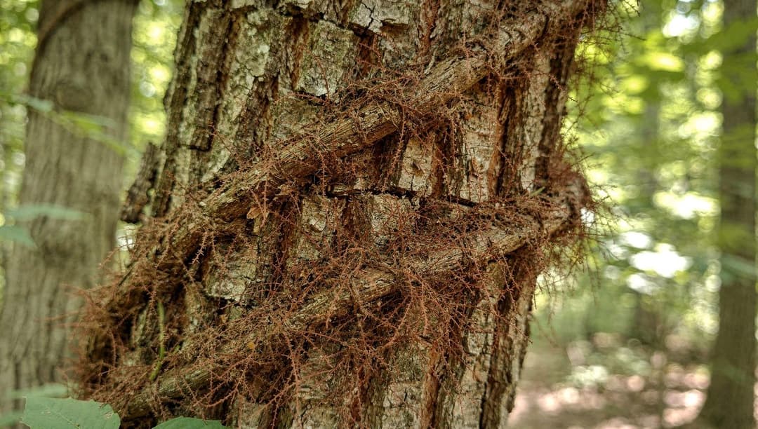 A thick, fuzzy poison ivy vine covered in fine hairy aerial roots climbing the bark of a mature tree in a shaded forest.