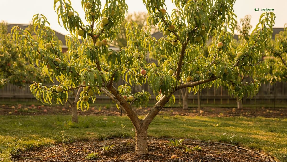 An open-center peach tree in a backyard orchard with three main scaffold limbs radiating from a short trunk and an open, sunlit middle