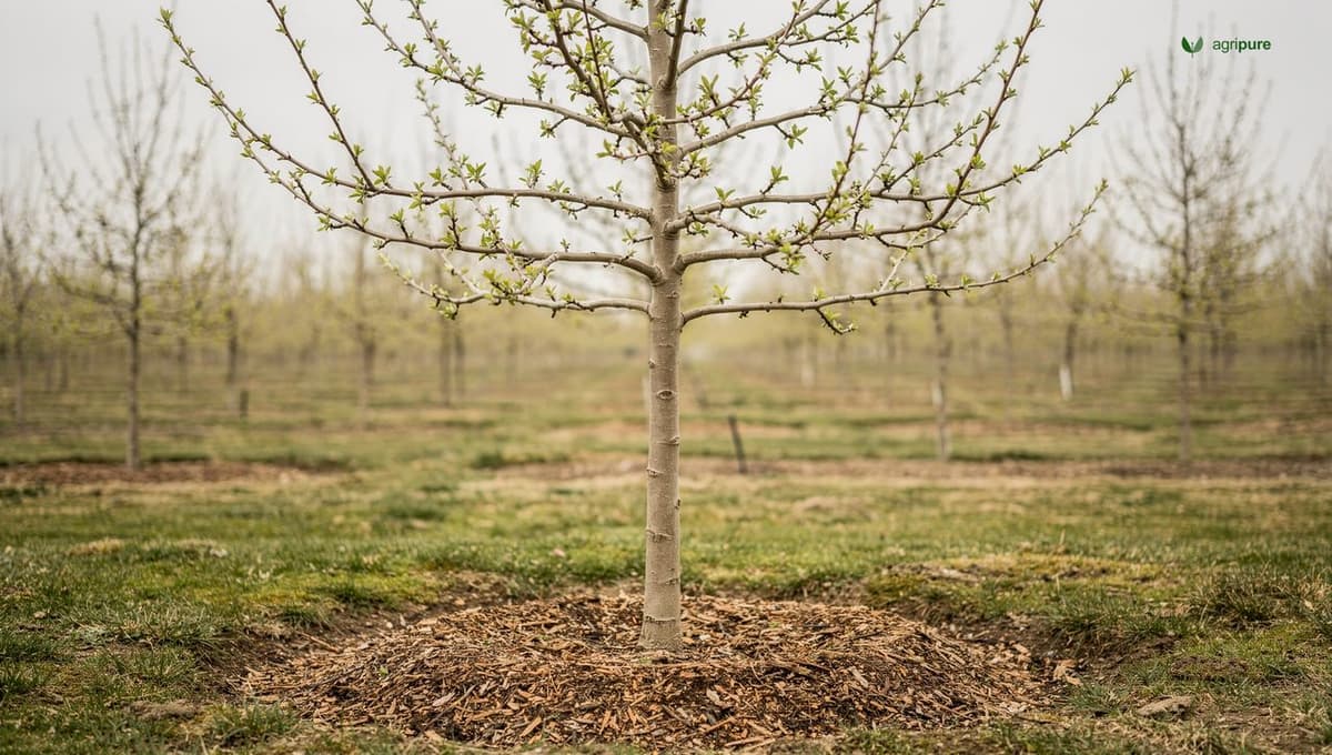 A young central-leader apple tree in early spring with one dominant vertical trunk and evenly spaced horizontal scaffold branches at wide angles
