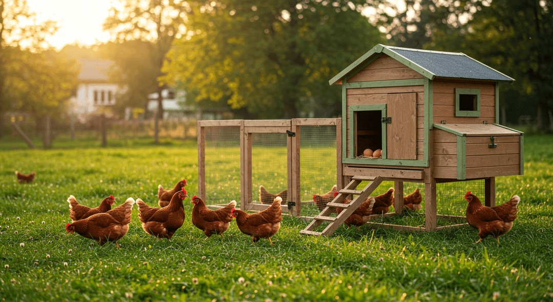 An idyllic, sunlit backyard chicken coop made of natural wood with a green trim, situated in a lush, vibrant green pasture where several healthy hens are foraging. Fresh eggs are visible in a nesting box, and the scene conveys a sense of well-being and sustainable farming.