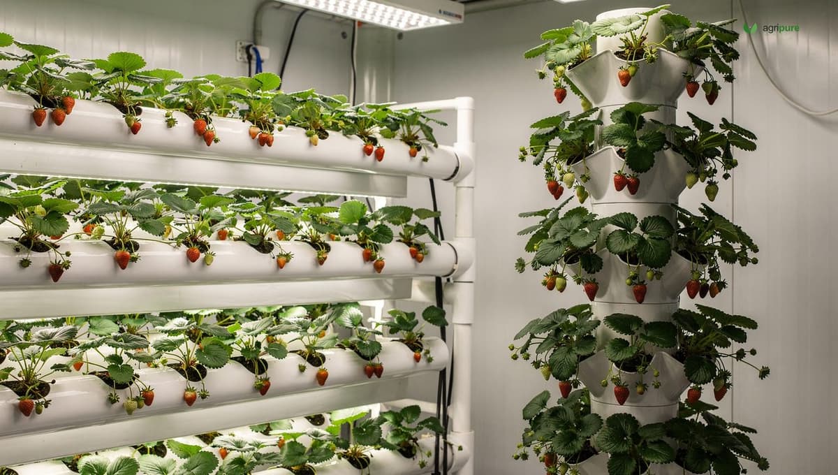 Side-by-side view of a white PVC NFT channel system and a vertical tower planter filled with strawberry plants in an indoor grow room