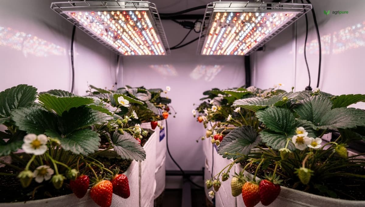 Full-spectrum LED grow light panels mounted above rows of strawberry plants in a white-walled indoor grow tent, plants showing healthy green foliage and red fruit