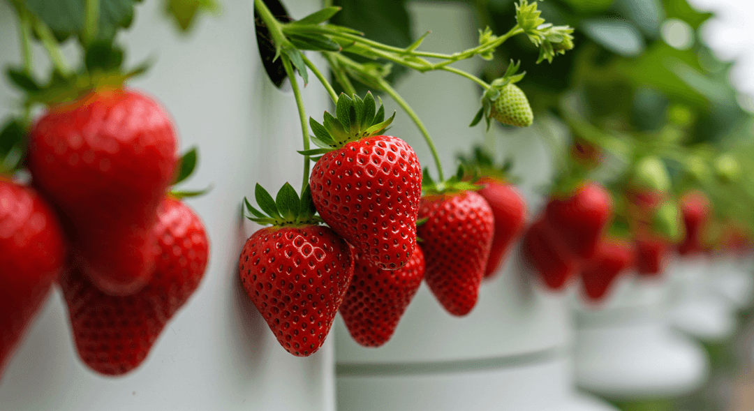 Close-up of ripe, red strawberries growing in a vertical hydroponic tower, surrounded by lush green foliage. The berries are plump and ready for harvest, illustrating the productivity of soil-free cultivation.