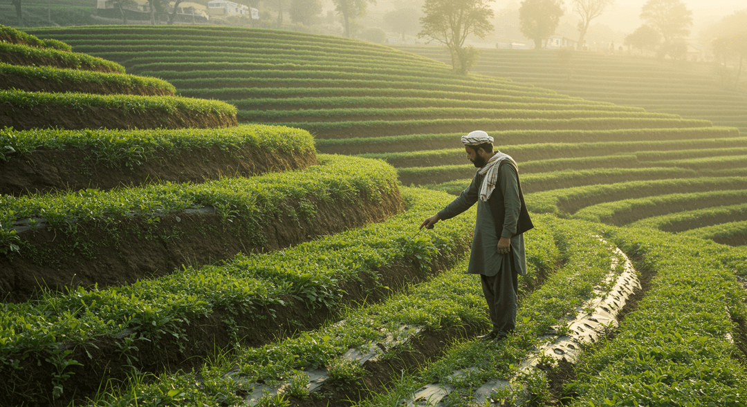 A Pakistani smallholder farmer stands on a gently sloped quarter-acre farm, observing the land and the natural flow of water, illustrating the process of identifying a keypoint for keyline design.