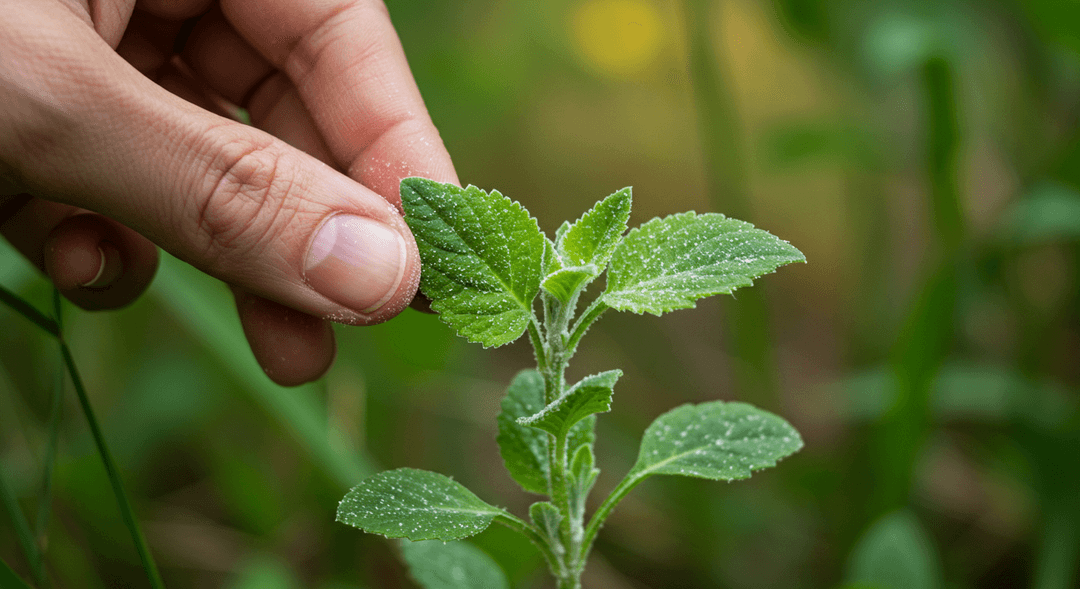 A close-up, photorealistic image of a young Lamb's Quarters plant with a hand gently pinching a leaf. The plant's distinctive goosefoot-shaped leaves are visible, and a fine, flour-like white mealy coating is clearly visible on the underside of the pinched leaf and slightly dusting the fingertips, demonstrating the key identification feature. The background is softly blurred to show a natural garden setting.