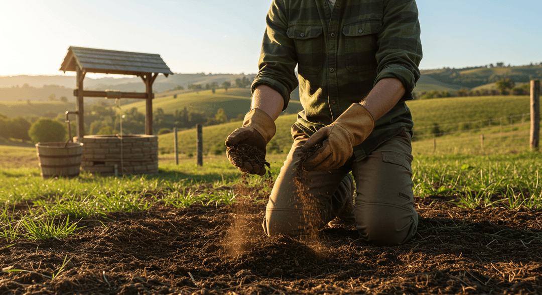 A person kneeling in a field, sifting dark, rich soil through their fingers, with a faint wellhead visible in the background, symbolizing the critical evaluation of land for homesteading.