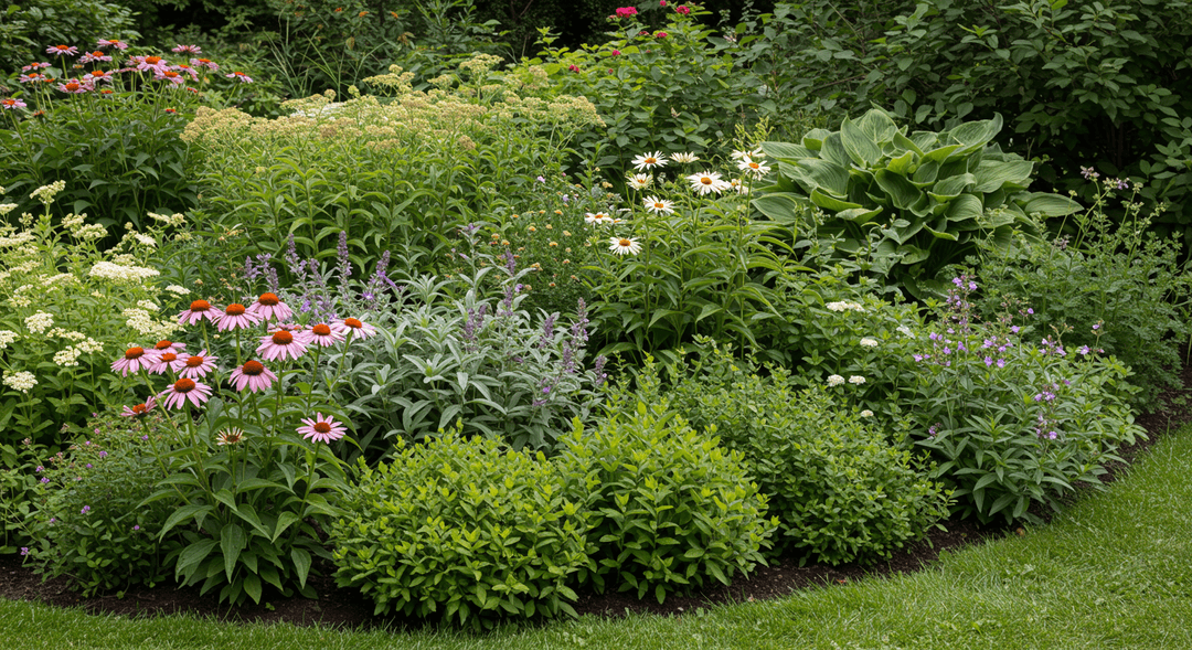 A vibrant, sun-drenched perennial garden featuring purple coneflowers, blue Russian sage, yellow yarrow, and reddish sedum in the foreground, with lush green hostas visible in the gentle shade behind them. The plants appear healthy and well-established, indicative of low maintenance. A narrow, light-colored stone path runs through the foreground.