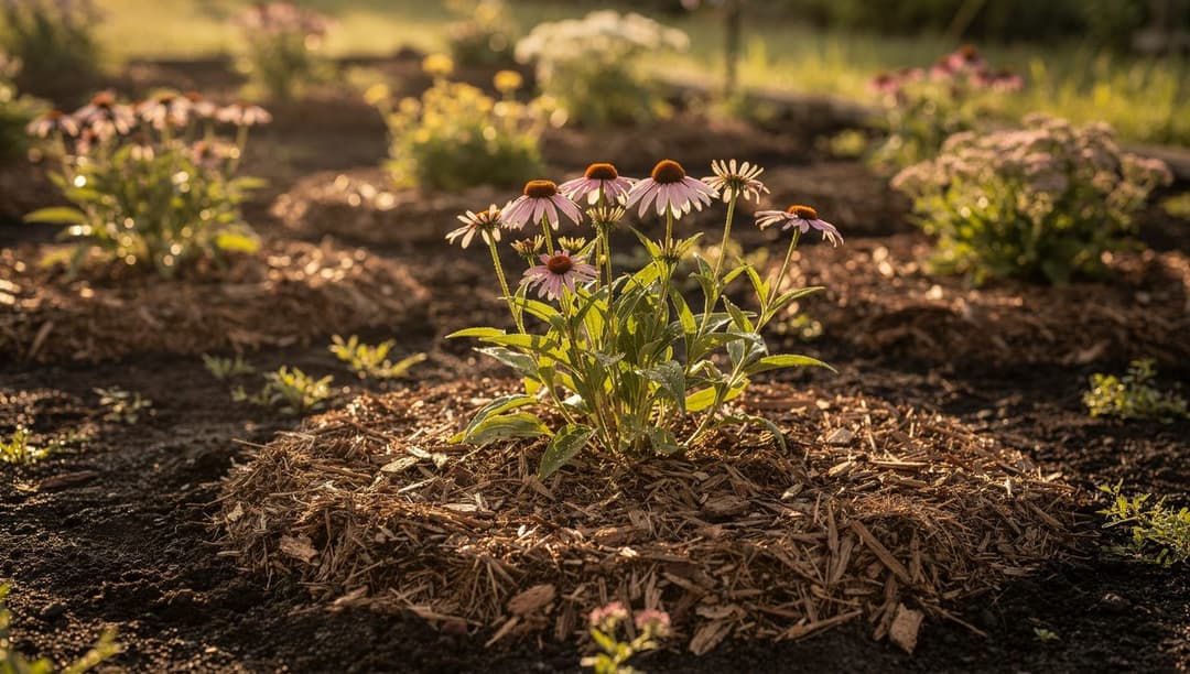A newly planted full-sun perennial bed being topped with a 3 inch layer of shredded bark mulch around young coneflower and sedum clumps.