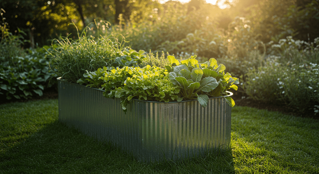 A close-up, ground-level shot of a rectangular corrugated galvanized steel raised garden bed brimming with thriving organic produce. Lush green lettuce, vibrant Swiss chard, and aromatic herbs are visible, healthy and watered. The sun casts a warm glow, highlighting the metallic texture of the bed and the rich, dark soil. A neat, light-colored gravel path runs alongside the bed.