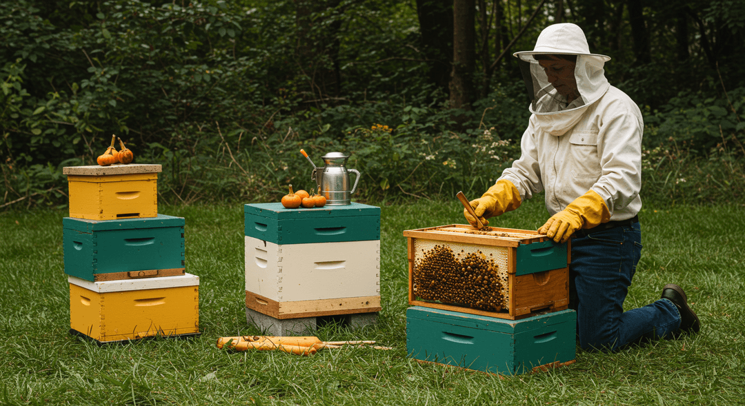 A natural wooden Langstroth beehive active with honeybees on a sunny spring afternoon.