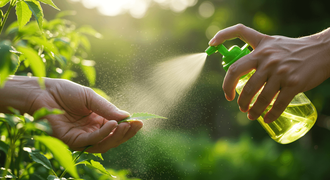A close-up, photorealistic image showing hands carefully spraying the underside of a vibrant green plant leaf with a fine mist from a simple pump bottle in a sunlit garden, highlighting precise application.