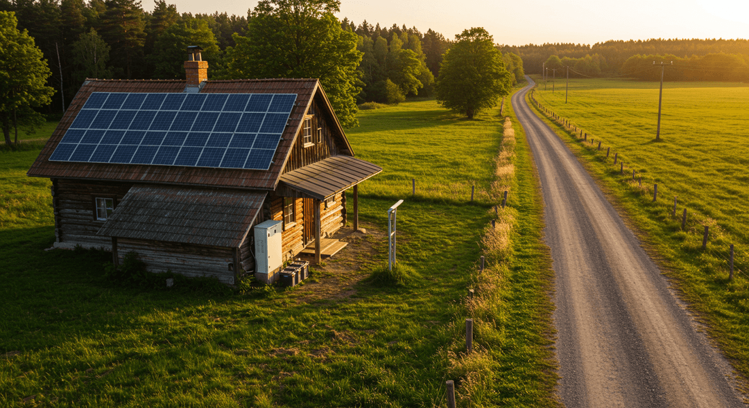 A photorealistic image showing a rustic, sustainable farmhouse equipped with roof-mounted solar panels and an exterior battery storage unit, set in a peaceful rural landscape with a long gravel road leading towards it. The scene is illuminated by the warm light of golden hour.