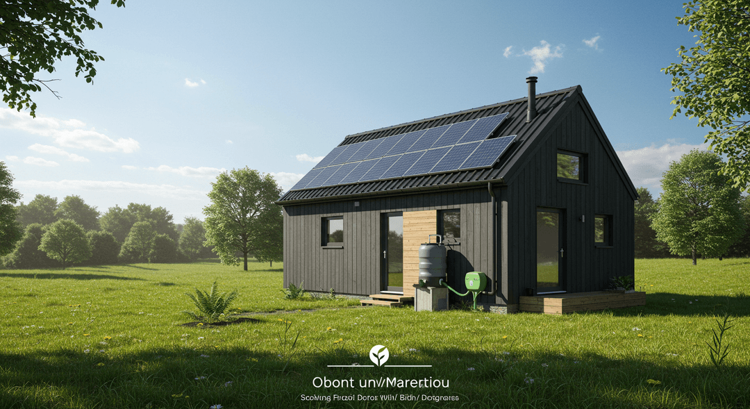 A photorealistic image showing a modern off-grid tiny home with solar panels on the roof and a rainwater harvesting barrel, nestled in a green meadow under a blue sky, illustrating sustainable living.