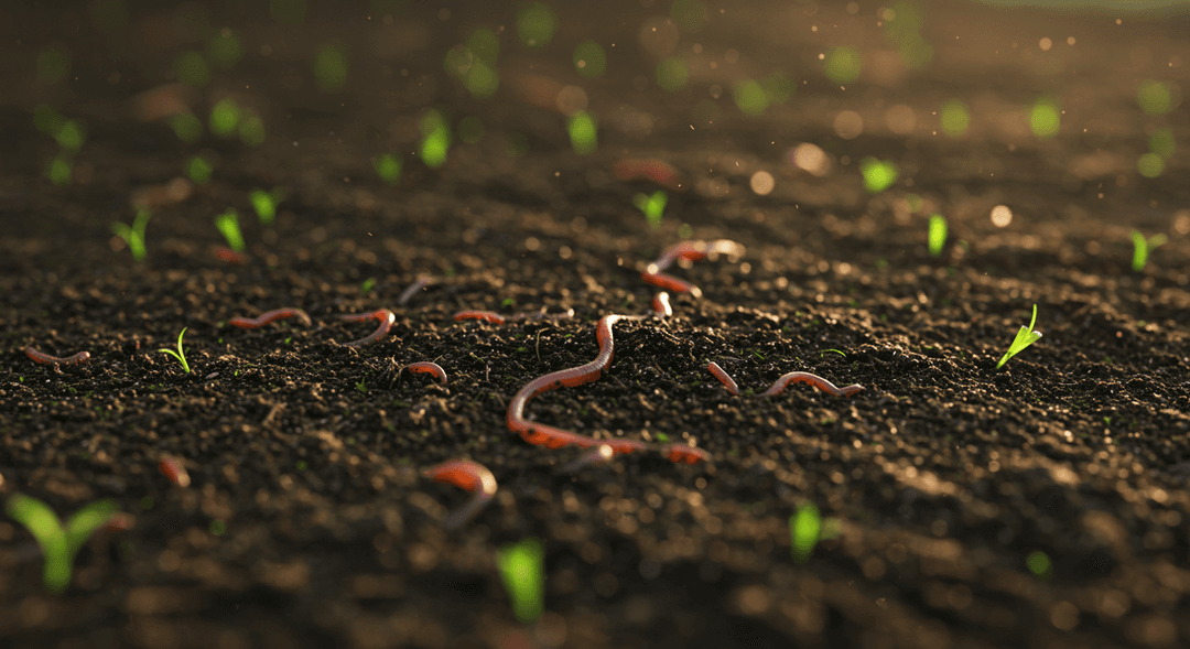 A close-up, high-angle shot of rich, dark organic garden soil, indicating healthy microbial activity with visible composted organic matter and a few earthworms partially visible. Small green shoots are beginning to emerge from the moist, crumbly soil surface.