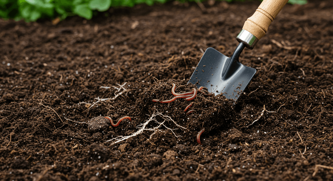 Close-up of healthy, dark organic garden soil being turned by a hand trowel, showing active earthworms, fine root systems, and visible organic matter like compost and aged manure, symbolizing fertile living soil.