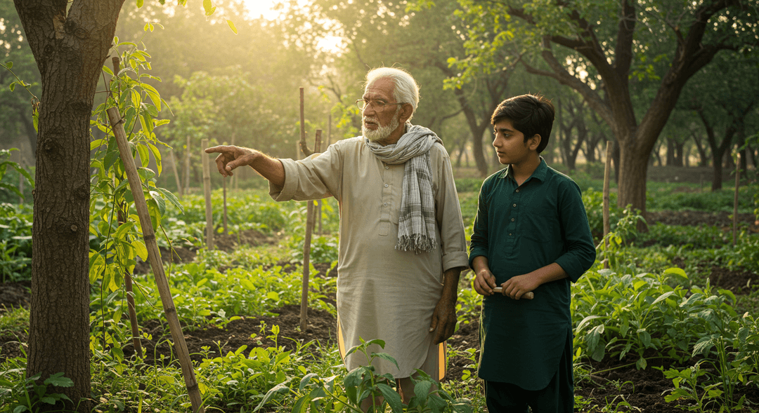 An older Pakistani farmer, with weathered hands, gestures towards a mature agroforestry system, while a younger person attentively listens, symbolizing the transfer of generational farming knowledge.
