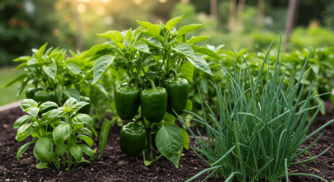 A close-up, eye-level view of a sunlit organic garden bed, featuring healthy green bell pepper plants interplanted with vibrant basil and slender chives, demonstrating beneficial companion planting.