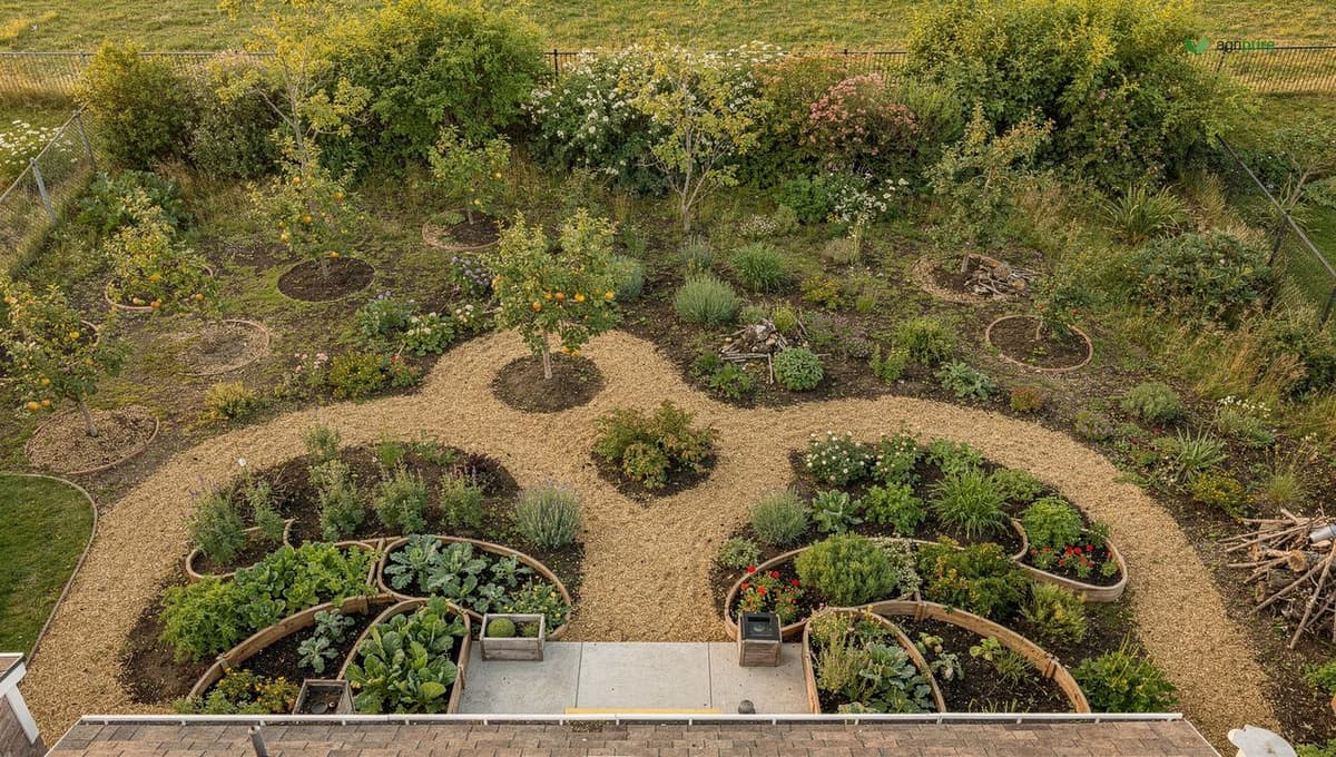 Aerial view of a quarter-acre backyard laid out in permaculture zones, with keyhole vegetable beds by the house, an orchard beyond, and a wild hedgerow at the back fence
