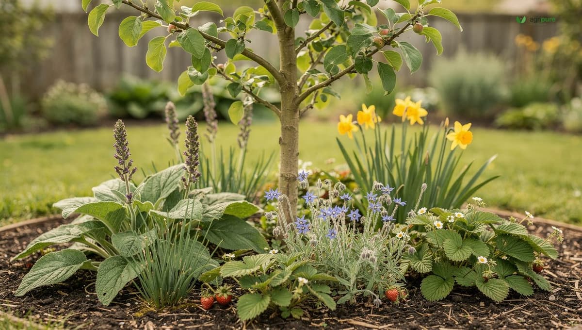 A young apple tree underplanted with a guild of comfrey, chives, daffodils, borage, and strawberries growing in a ring around its trunk