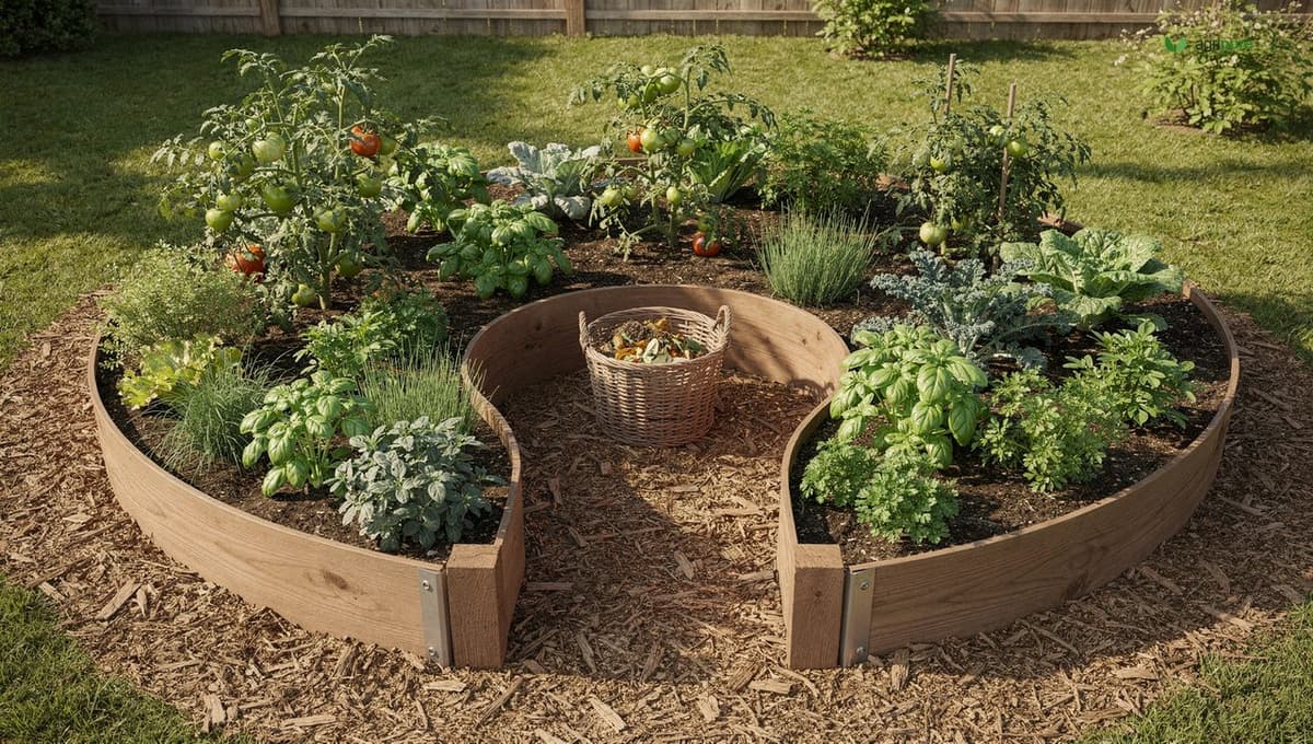 A curved keyhole-shaped raised garden bed planted densely with vegetables and herbs, with a narrow access notch leading to a central compost basket