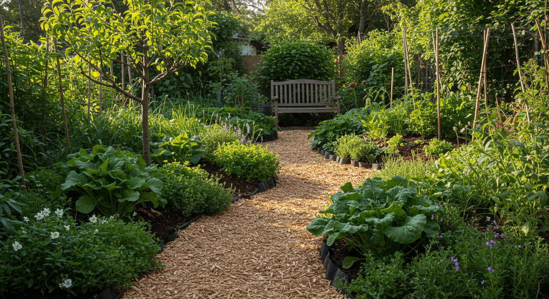 A vibrant backyard garden scene featuring a diverse array of edible and beneficial plants growing together in a permaculture design. Sunlight filters through a small fruit tree, illuminating understory plants like leafy greens, herbs, and flowering groundcovers. A neatly mulched path winds through the garden, and a wooden bench sits invitingly in the background. The overall impression is one of natural abundance, sustainability, and harmonious growth.