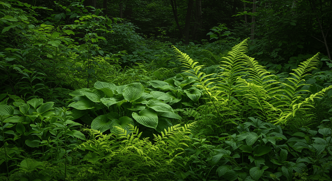 A close-up view of a flourishing shade garden, showcasing a diverse array of green foliage plants. Large, textured hosta leaves provide a strong base, while delicate fern fronds unfurl gracefully, all bathed in soft, diffused light, emphasizing their varied textures and shades of green.
