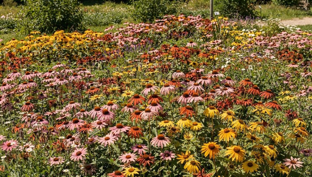 A dense pollinator border in full mid-summer bloom with coneflowers and bee balm grouped in large single-color drifts under bright sun.