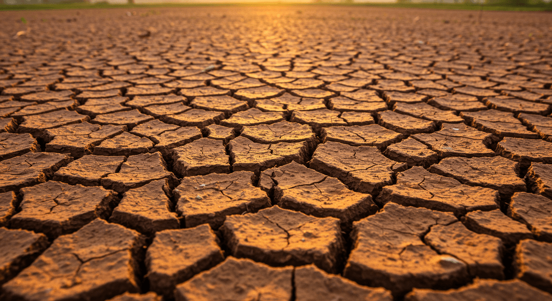 A detailed close-up photograph of dry, reddish-brown Pothohar soil at the end of the monsoon season, exhibiting two distinct types of cracks: numerous fine, vertical hairline cracks indicating swelling clay, and larger, polygonal cracks with wide, deep fissures suggesting structural collapse.