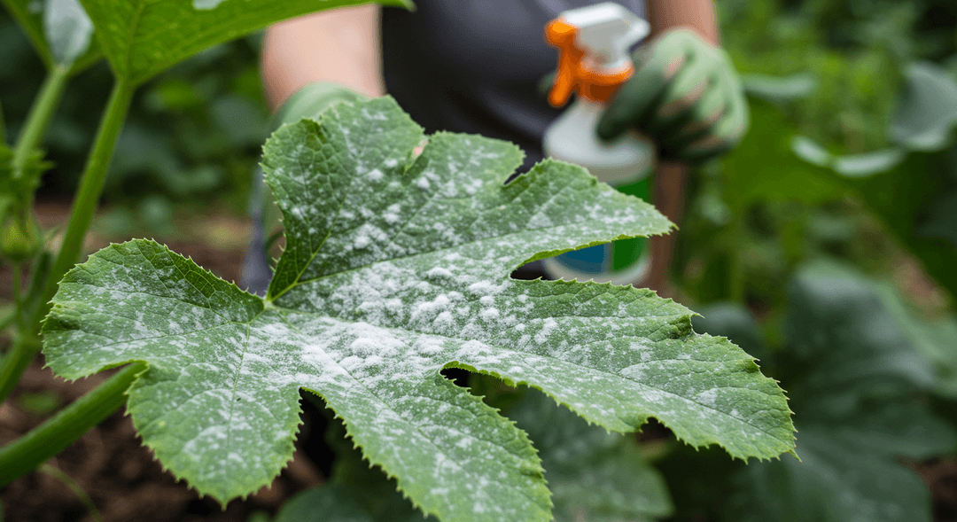 A close-up photograph of a zucchini leaf partially covered in a white powdery mildew, with a gardener's gloved hand holding a spray bottle in the soft-focused background, indicating an attempt to treat the plant.