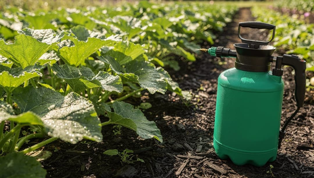 A garden pump sprayer resting beside well-spaced rows of squash plants in full sun with mulched dark soil between the rows on a clear morning.