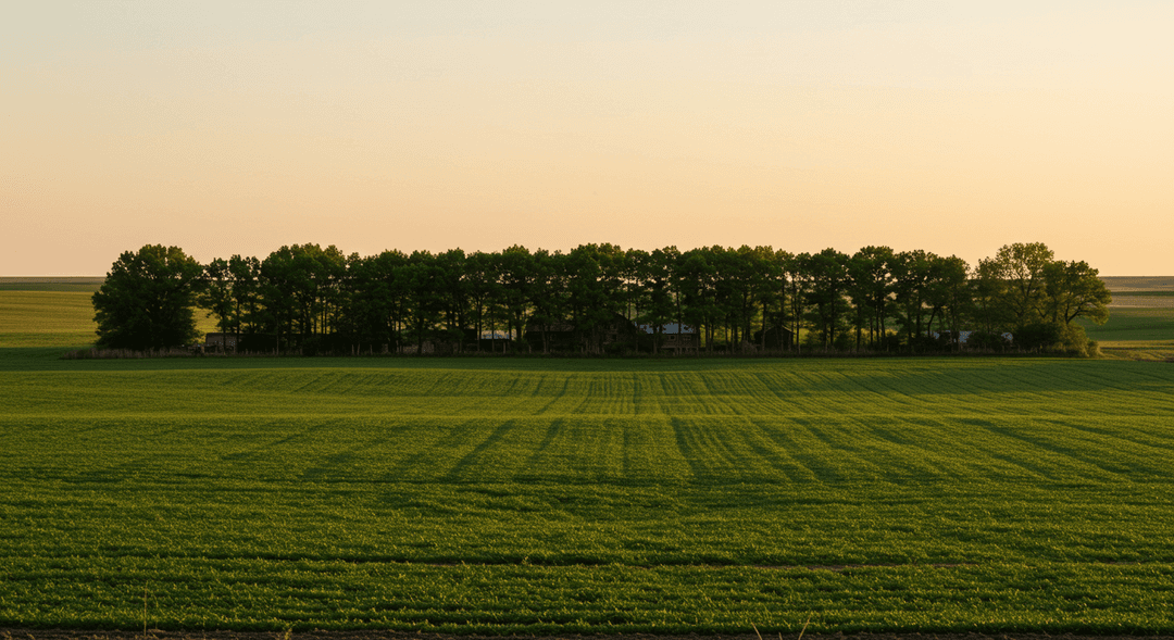A photorealistic image depicting a thriving agricultural field on the Great Plains, vigorously protected by a mature, multi-row windbreak of tall trees. A traditional, sturdy homestead building is partially visible behind the verdant shelterbelt, under a wide, clear prairie sky bathed in warm sunset light.