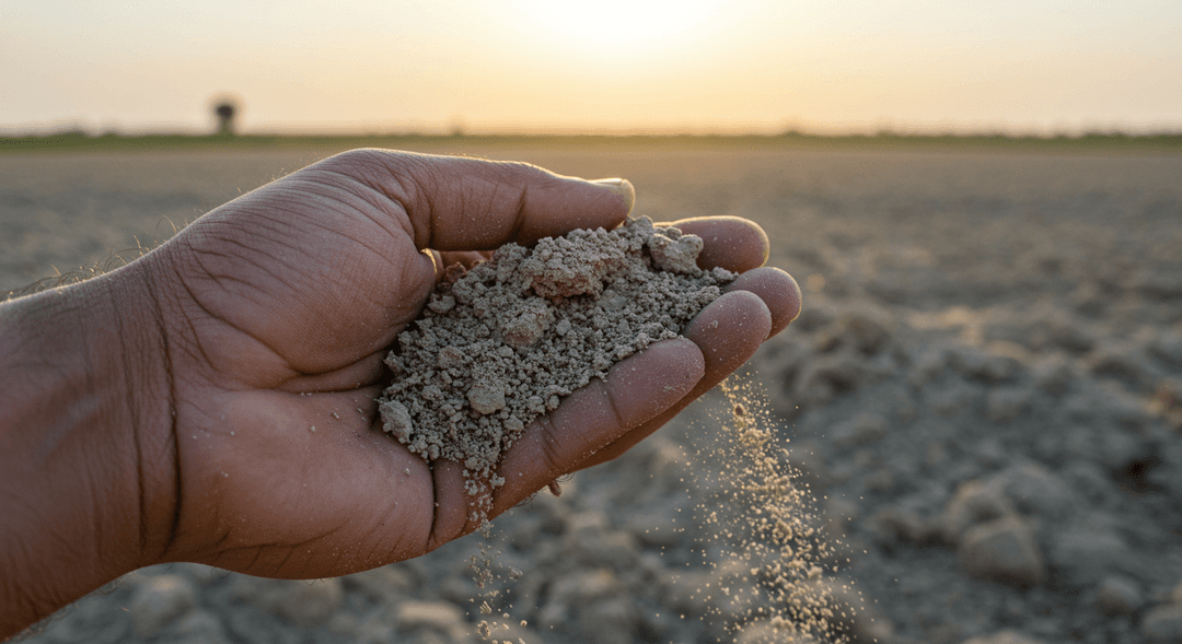 A close-up shot of a hand gently sifting pale grey, crumbly soil in a dry field under warm sunlight, illustrating the poor organic matter content typical of many central Punjab fields.
