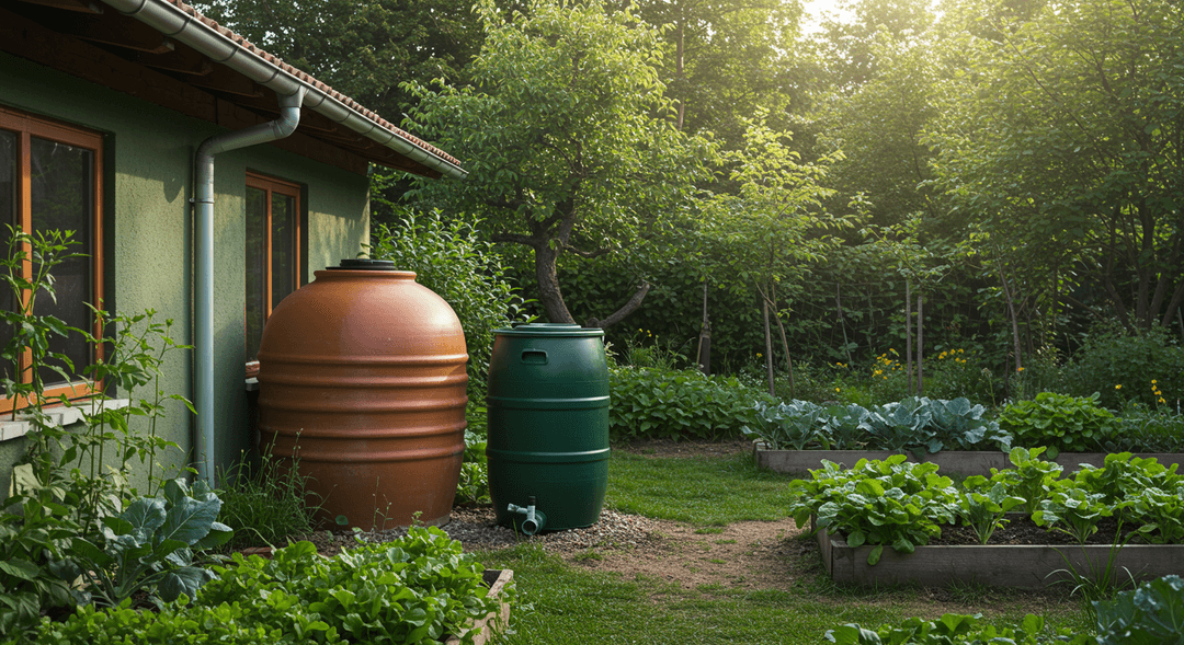 A photorealistic image showing a terracotta-colored rainwater collection cistern connected to a house's gutter system, surrounded by lush green garden plants and organic vegetable beds under natural sunlight, representing sustainable living.
