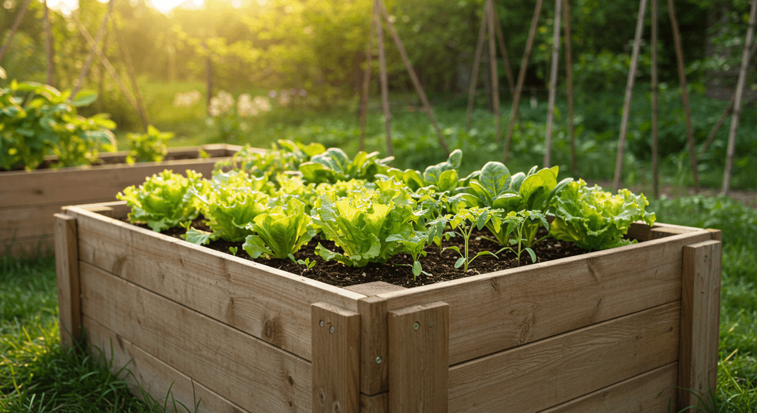 A meticulously maintained wooden raised garden bed, showcasing various thriving young vegetable plants like lettuce and tomatoes. The bed stands prominently in a sunny organic garden, emphasizing lush green growth and healthy soil within its structure.