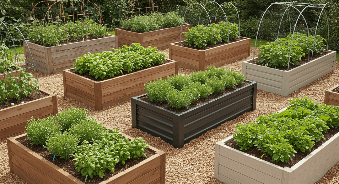 A photorealistic image showcasing three distinct raised garden beds. From left to right, one bed is constructed from natural cedar wood, another from modern coated steel, and a third from a light-colored composite material. The foreground bed has hardware cloth visible at its base for pest protection, and a distant bed features a hoop and netting system. Various healthy green plants and herbs are growing within all the beds, under soft daylight.
