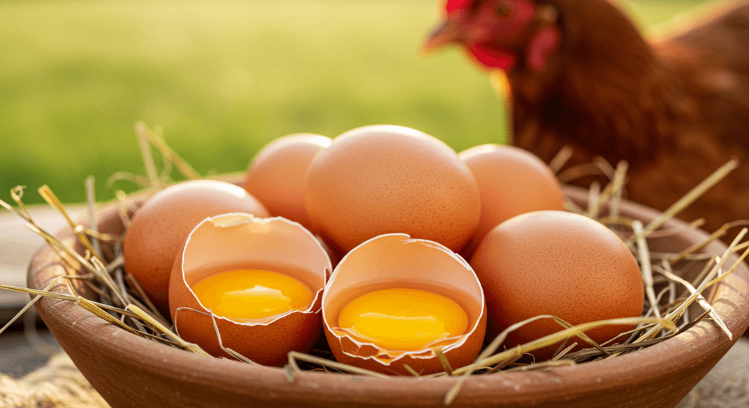 A close-up photograph of several freshly laid eggs in a rustic wooden bowl, with one cracked open to reveal a vibrant, deep orange yolk. The eggs are nestled in clean hay, and in the softly blurred background, a healthy brown laying hen can be seen foraging in a lush green pasture under natural sunlight.