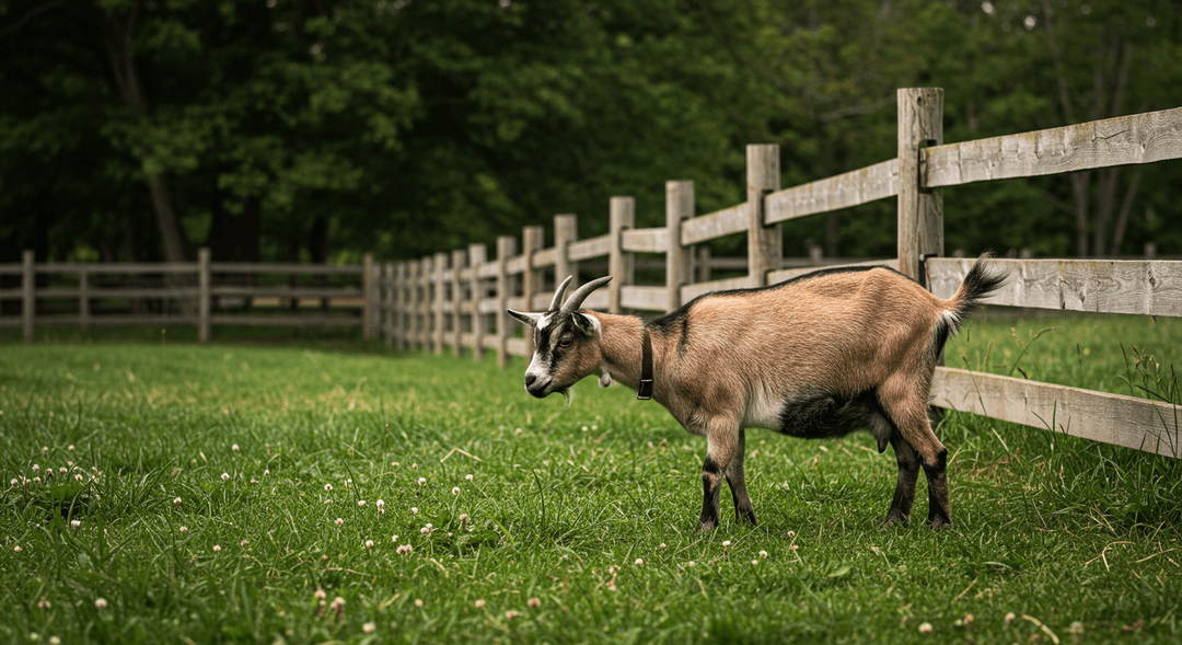 A small, healthy Nigerian Dwarf dairy goat with brown and white markings stands in a sunny, green pasture next to a rustic wooden fence on a small homestead. The goat is looking gently towards the camera.