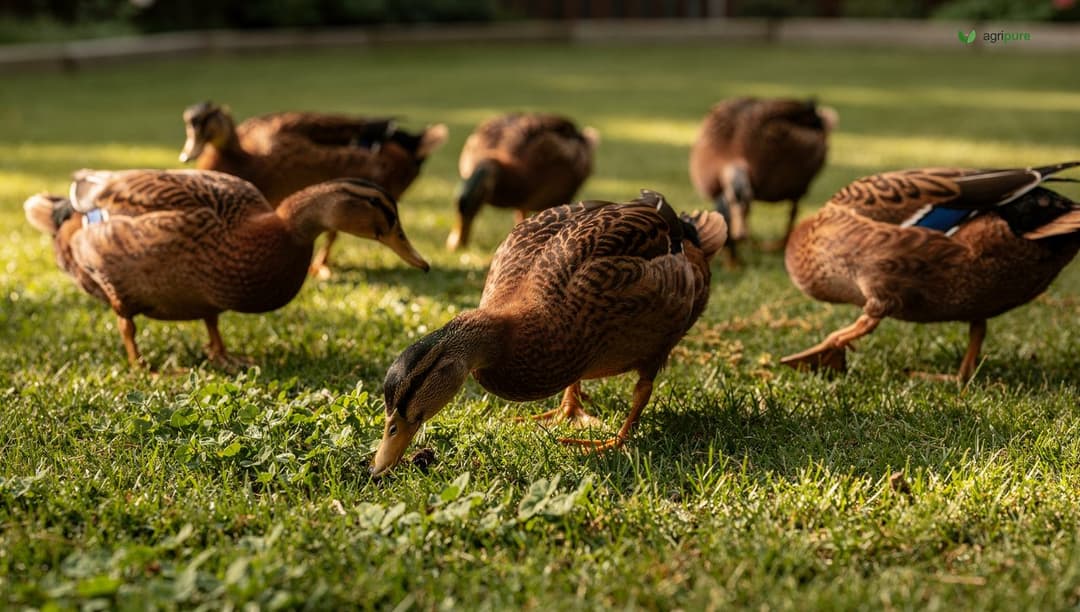 Khaki Campbell ducks foraging across a green backyard lawn, their brown plumage blending with the grass