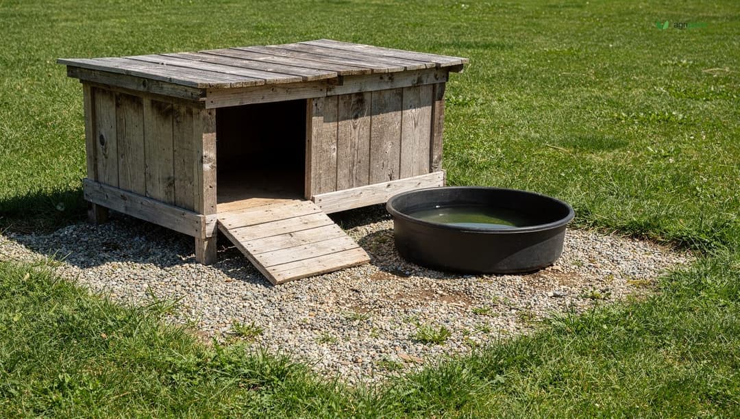 A simple wooden duck shelter with a low entry ramp and a rubber stock tank positioned outside on gravel for drainage