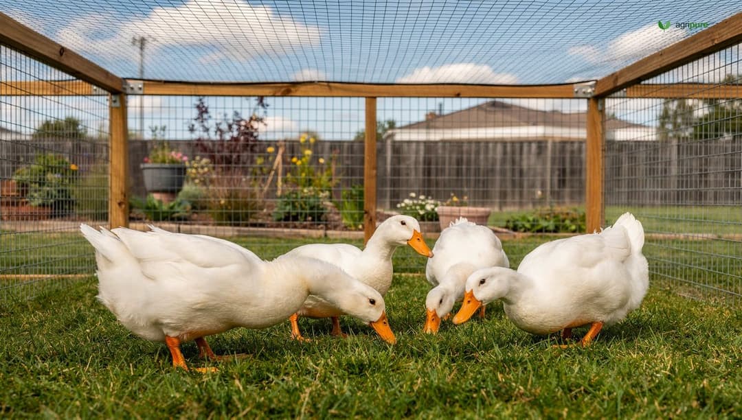 Pekin ducks with white feathers foraging on short grass in a fenced backyard run, with no wild waterfowl access